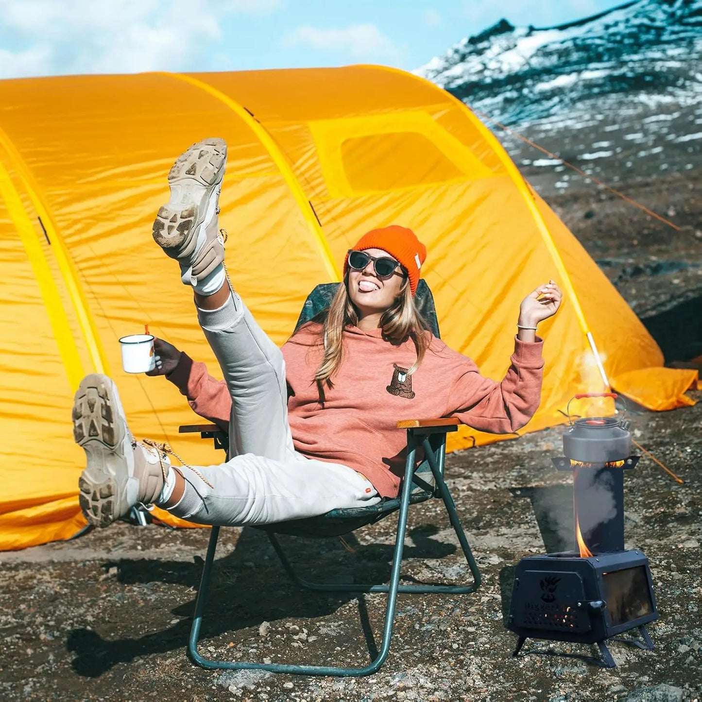 Wood Burning Tent Stove with 7 Sectional Chimney Pipes