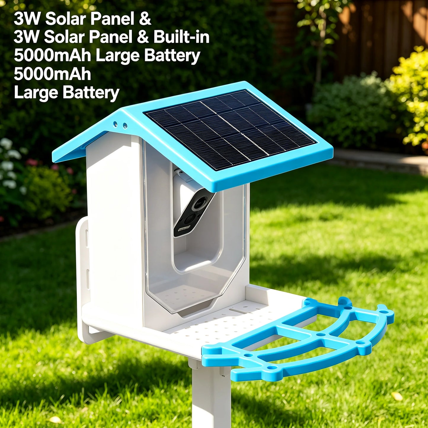 Solar Powered Bird Feeder with 2.5K HD Camera, Smart AI Bird Recognition & Night Vision, 5000mAh Battery + 3W Solar Panel, IP65 Weatherproof for Outdoor Garden