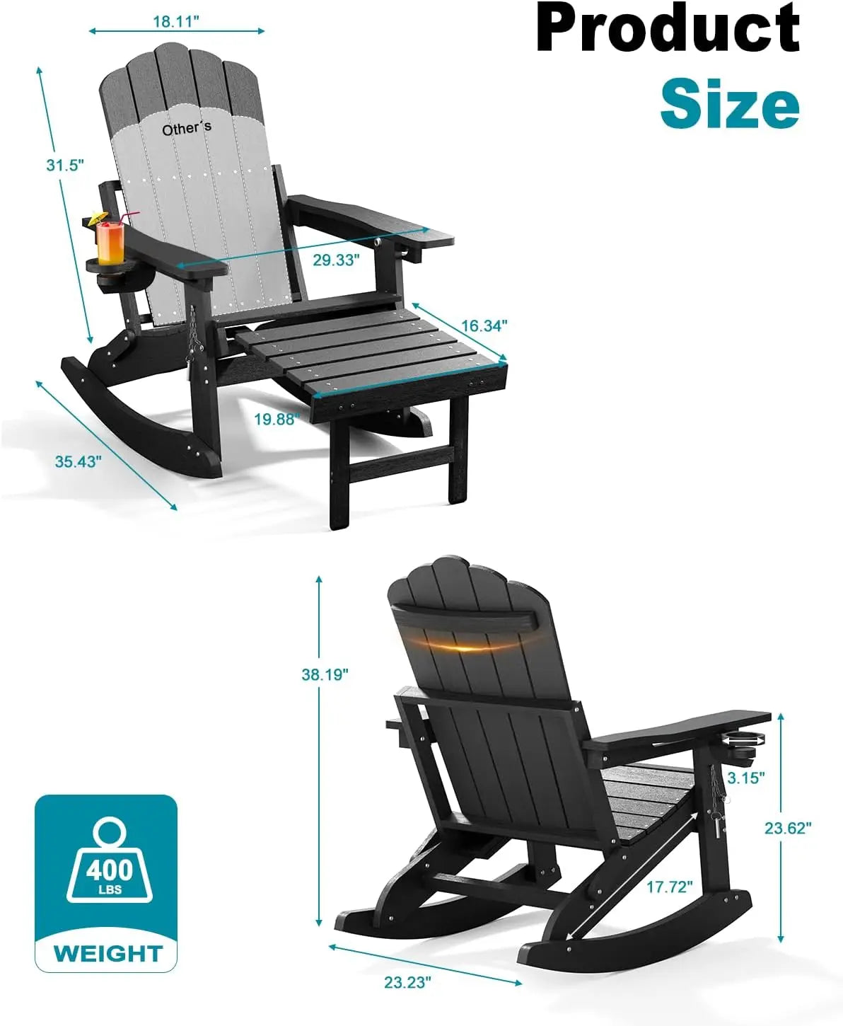 Adirondack Rocking Chairs with Retractable Ottoman & Cup Holders