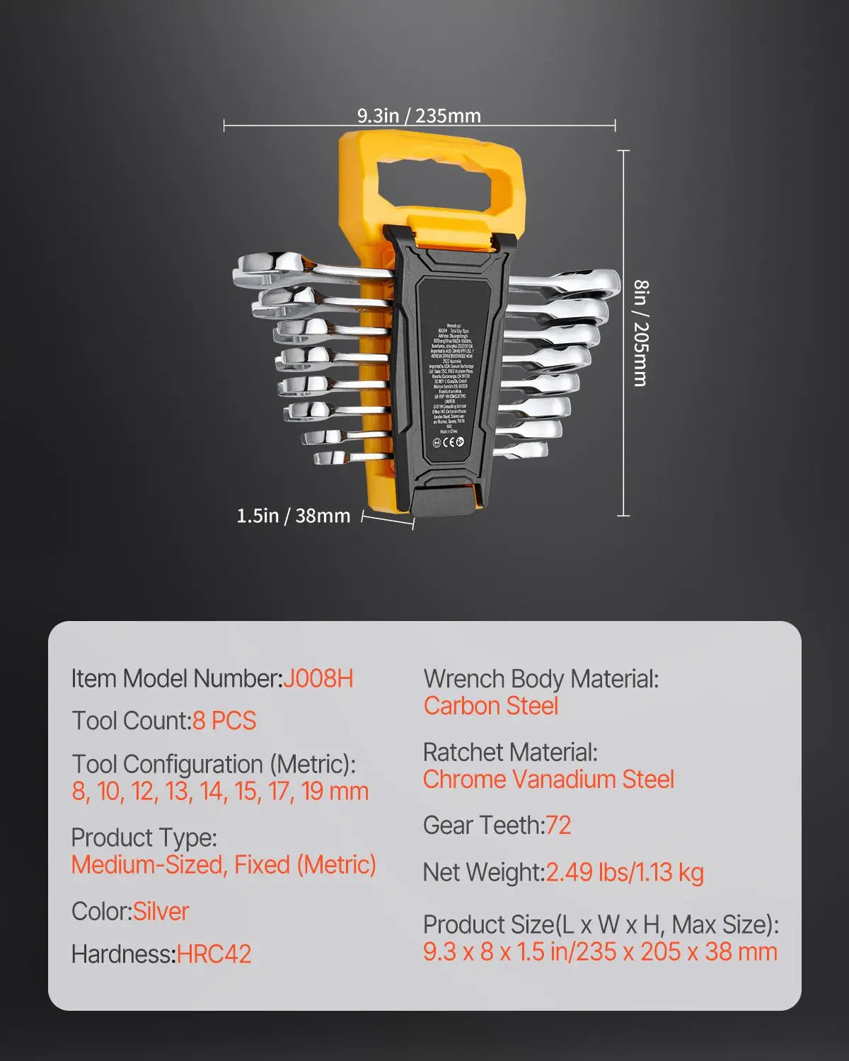 Combination Wrench Set, 8-Piece Ratcheting Metric