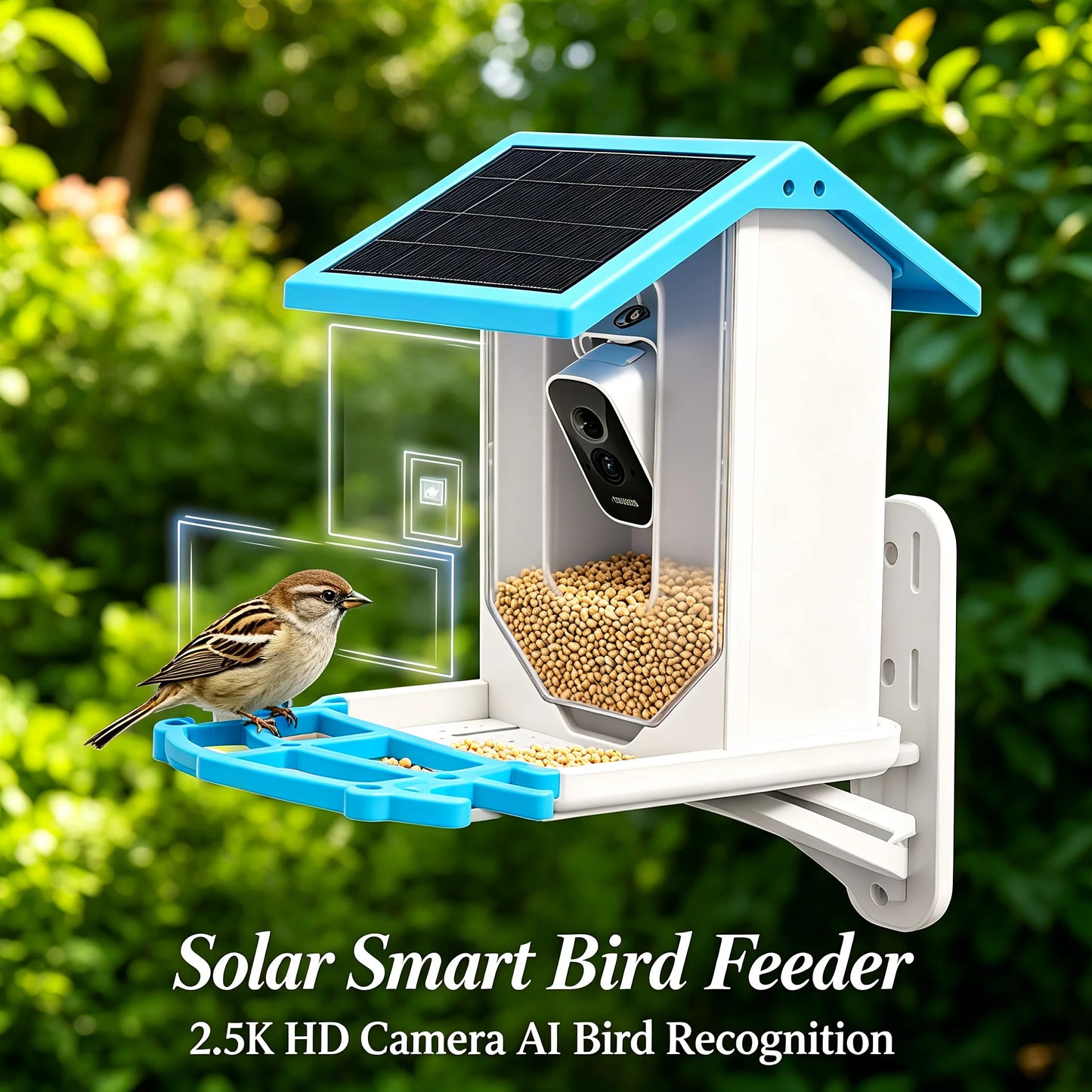 Solar Powered Bird Feeder with 2.5K HD Camera, Smart AI Bird Recognition & Night Vision, 5000mAh Battery + 3W Solar Panel, IP65 Weatherproof for Outdoor Garden