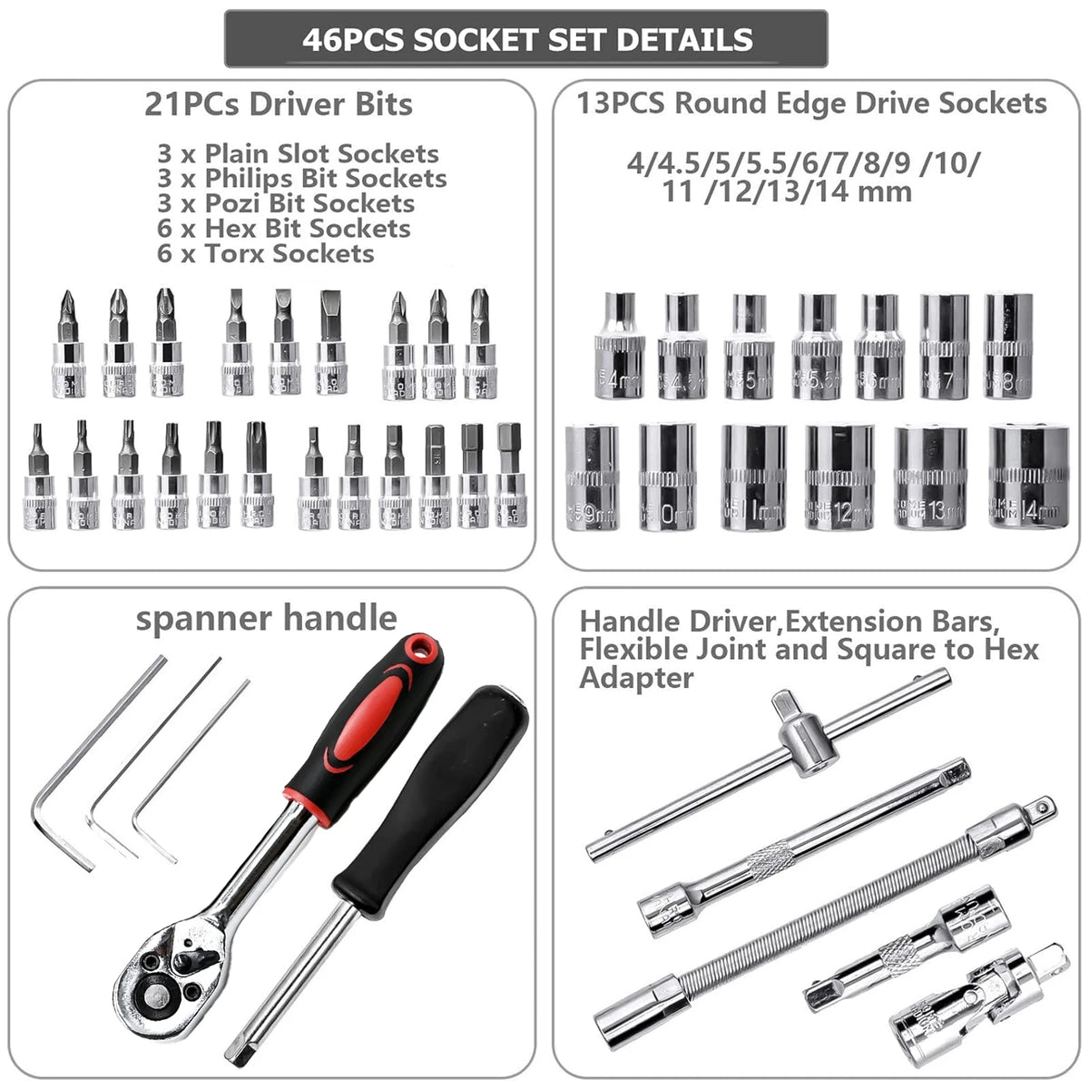 46 Pcs 1/4 Inch Drive Socket Set Metric