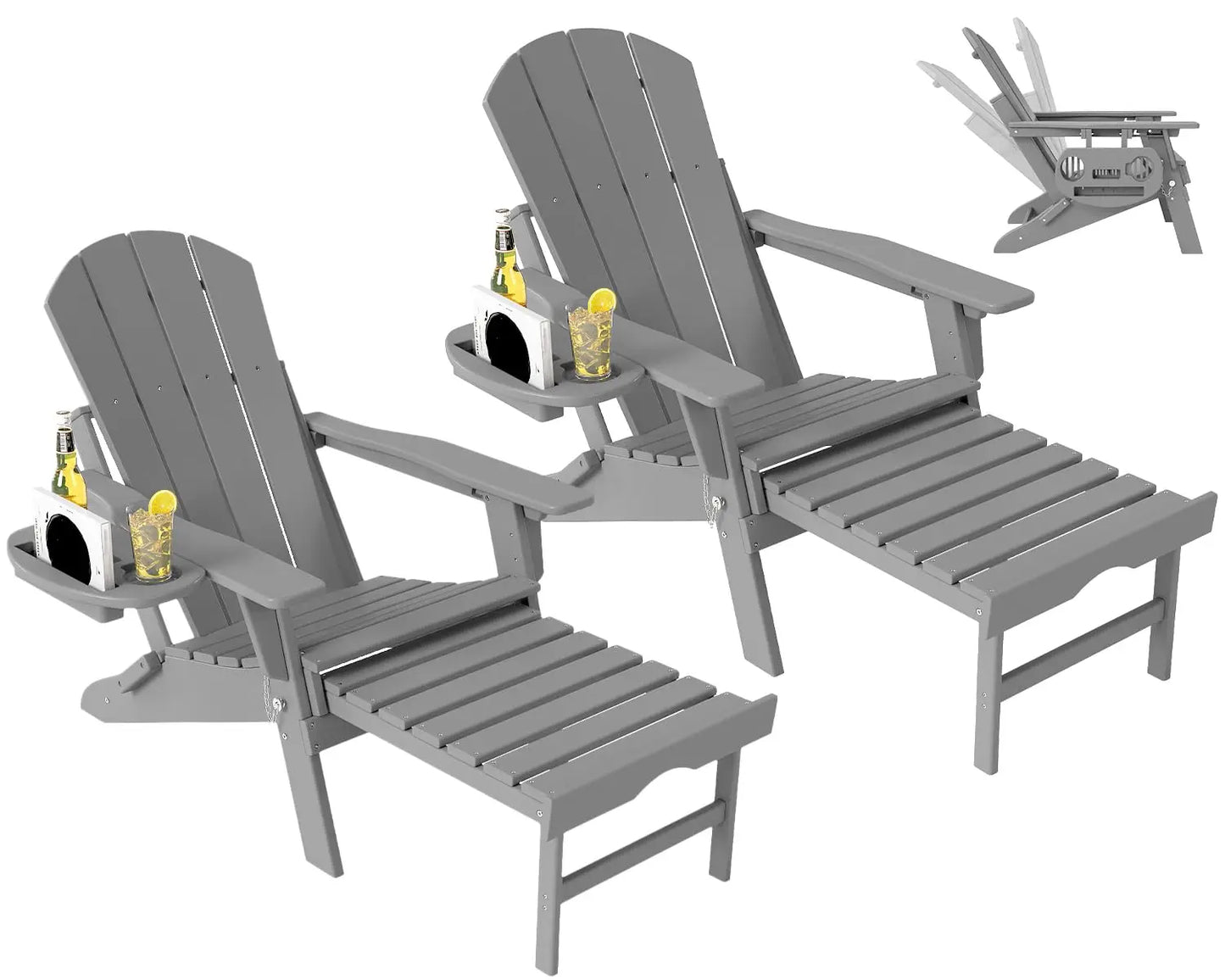 Set of 2 Folding Adirondack Chair with Retractable Ottoman