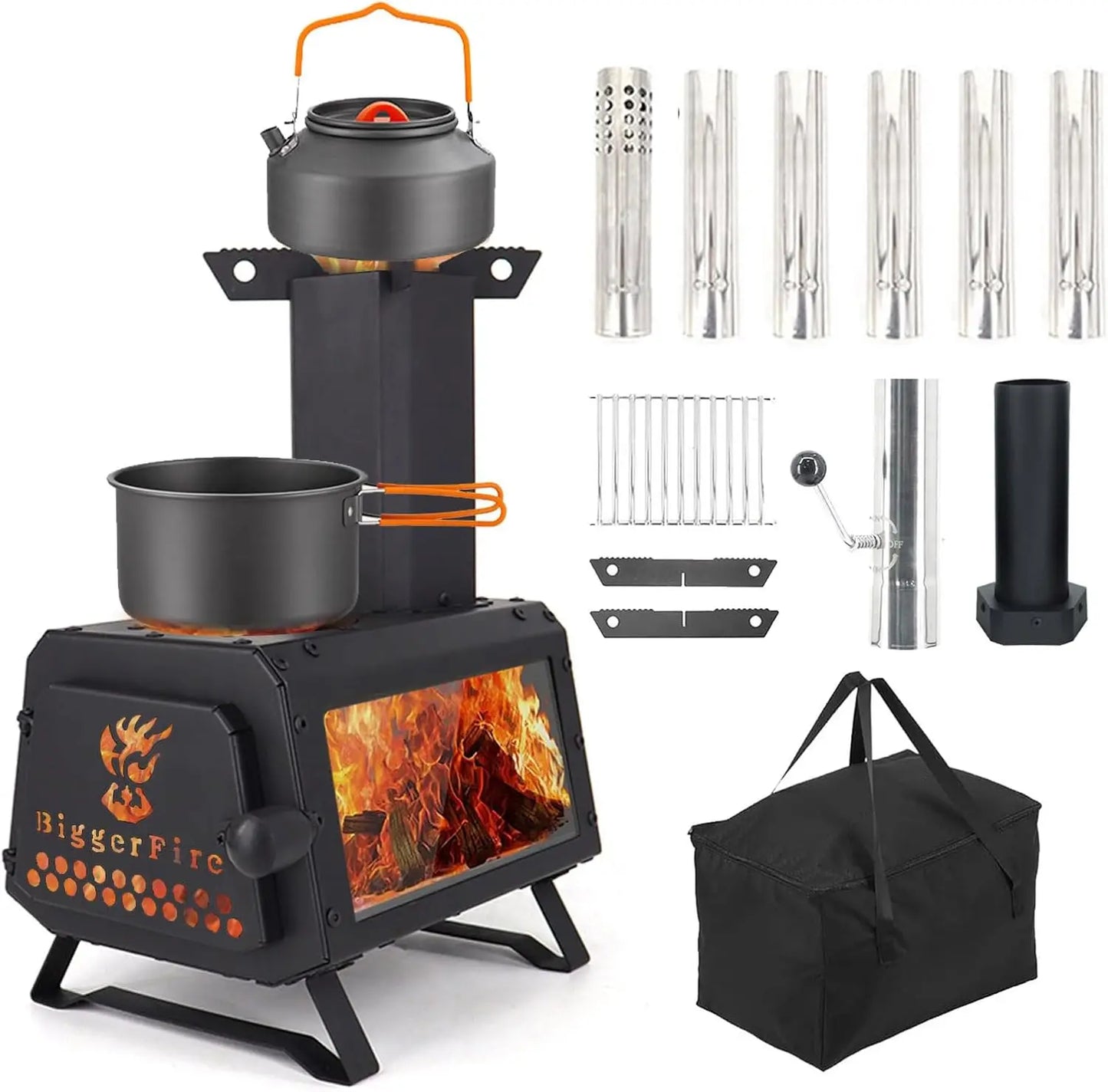 Wood Burning Tent Stove with 7 Sectional Chimney Pipes