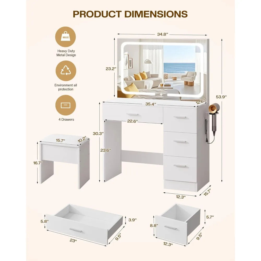 Makeup Vanity Desk with Charging Station & LED Mirror