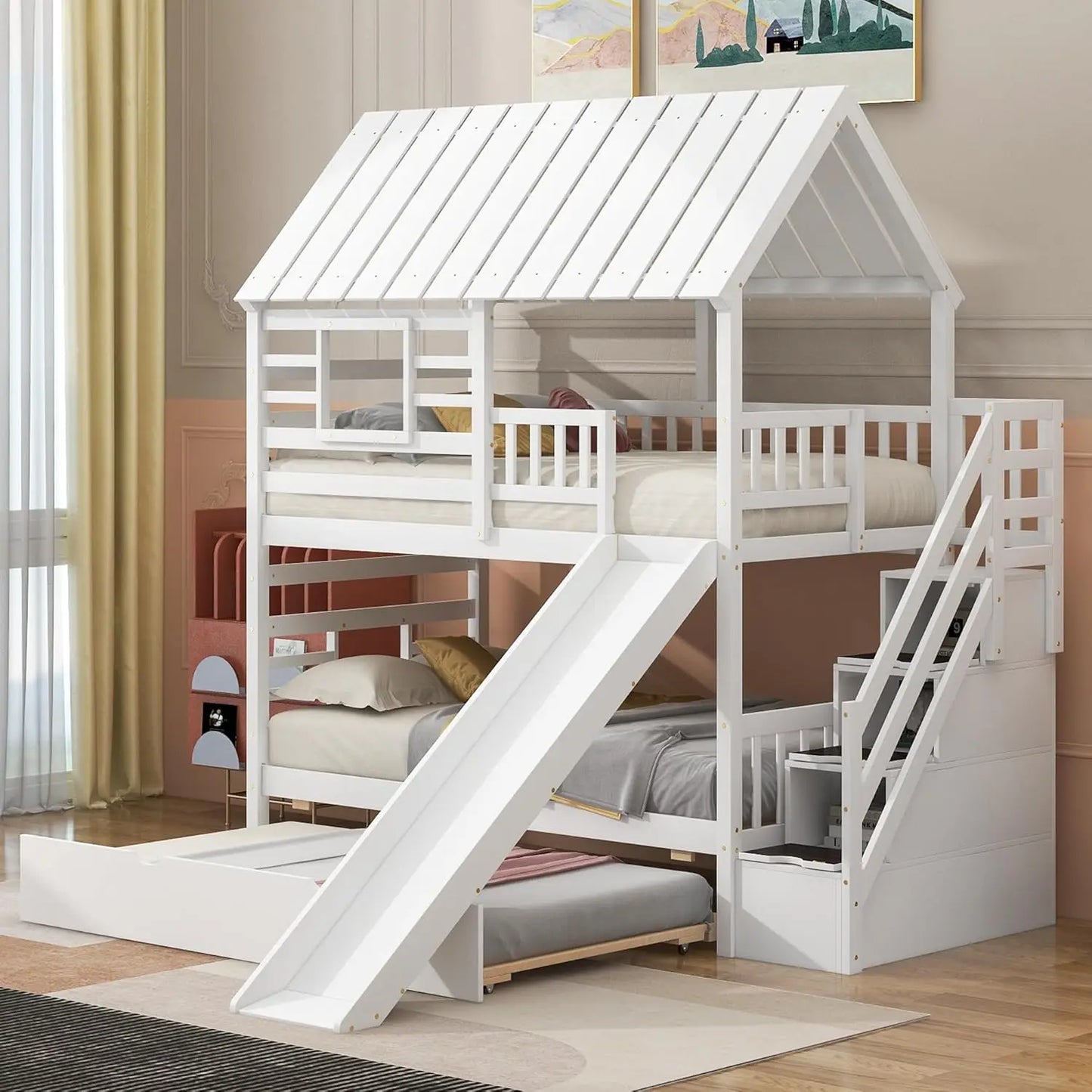 Twin Over Twin House Bunk Bed with Slide & Trundle & Stairs