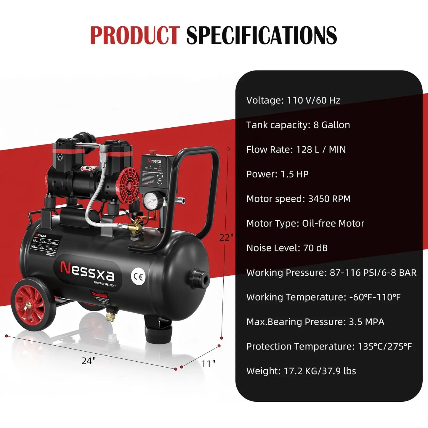 8 Gallon Air Compressor, 1.5HP , 110V/60hz