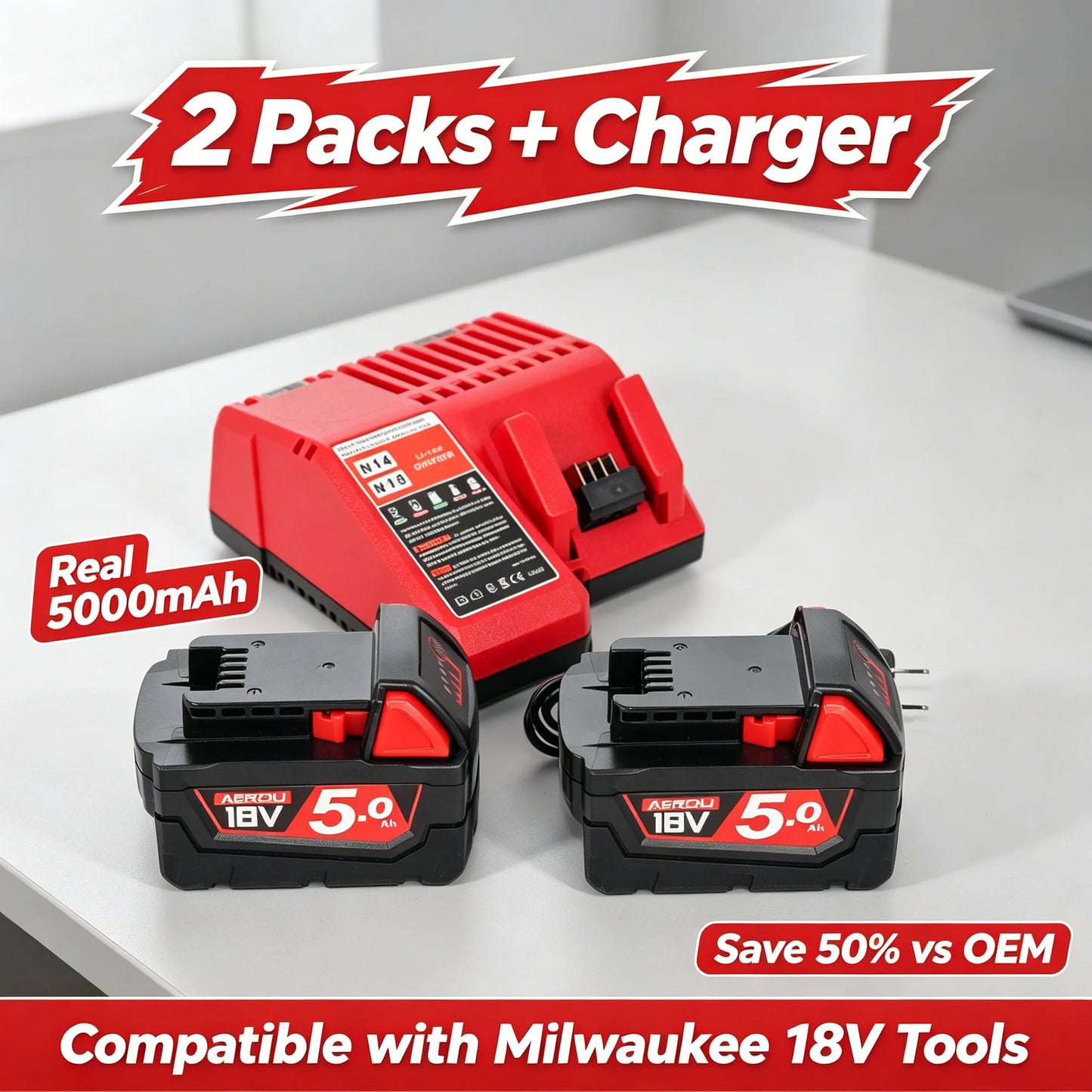 2-Pack 18V 5.0Ah Battery & Fast Charger for Milwaukee 18V Tools
