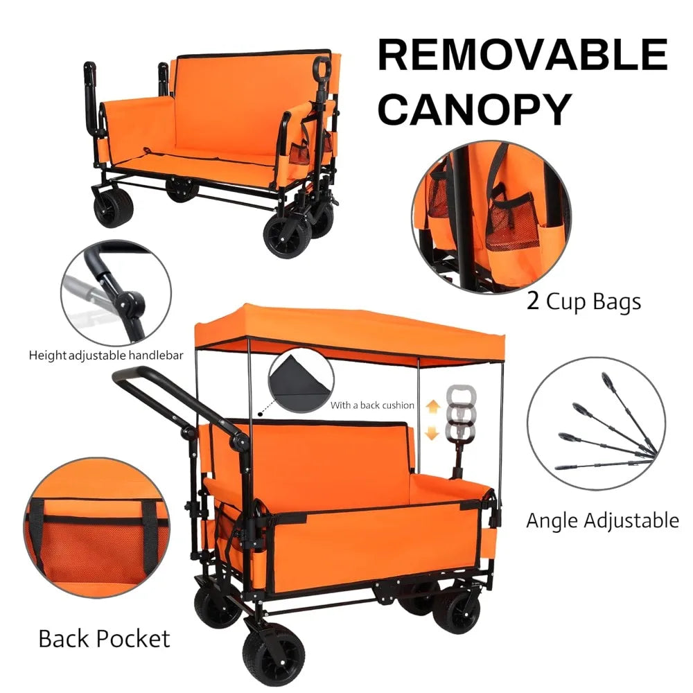 Folding Wagon Cart with Adjustable Canopy & Bench Seat, 500lbs Capacity,