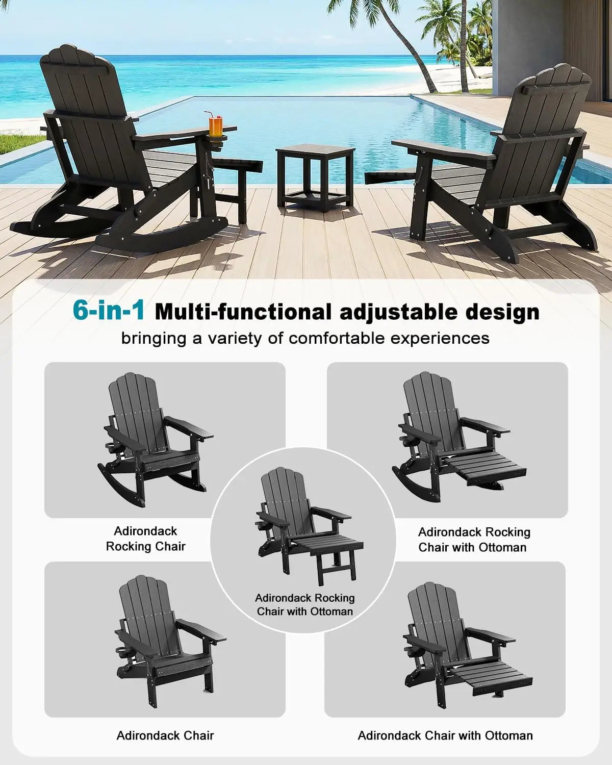 Adirondack Rocking Chairs with Retractable Ottoman & Cup Holders