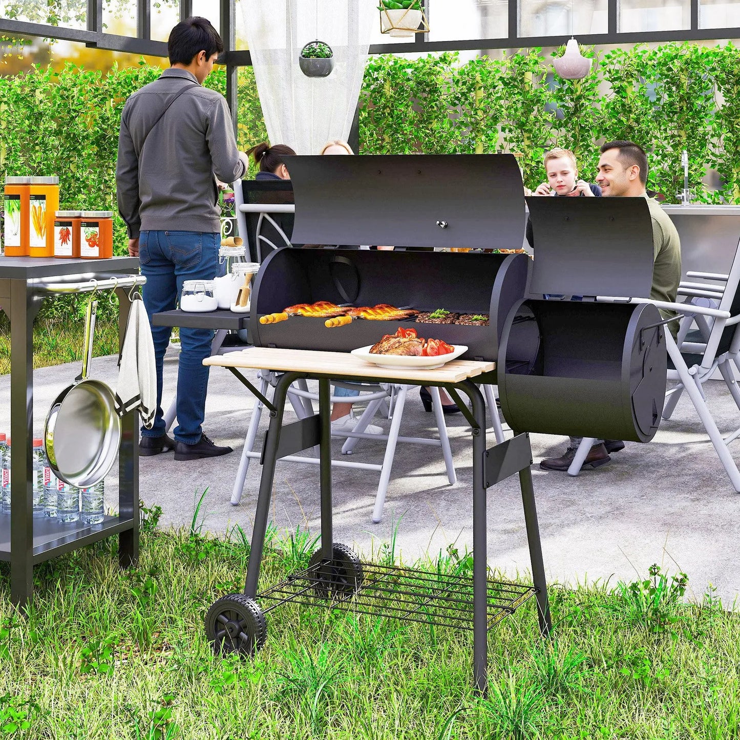 Charcoal BBQ Grill and Offset Smoker Combo