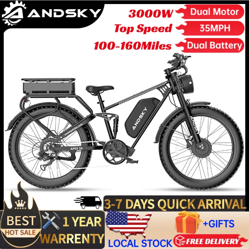 AWD Dual Motor Electric Bike 26"x4" Fat Tire