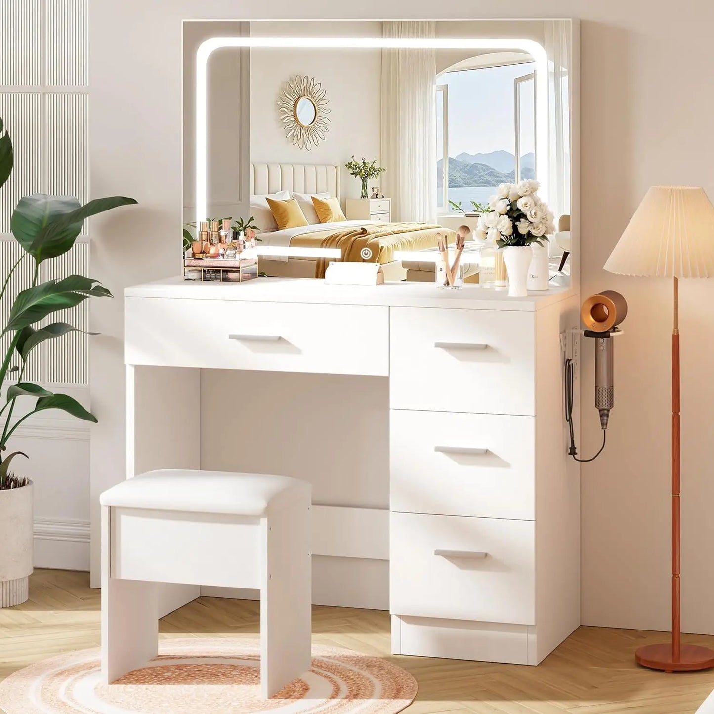 Makeup Vanity Desk with Charging Station & LED Mirror