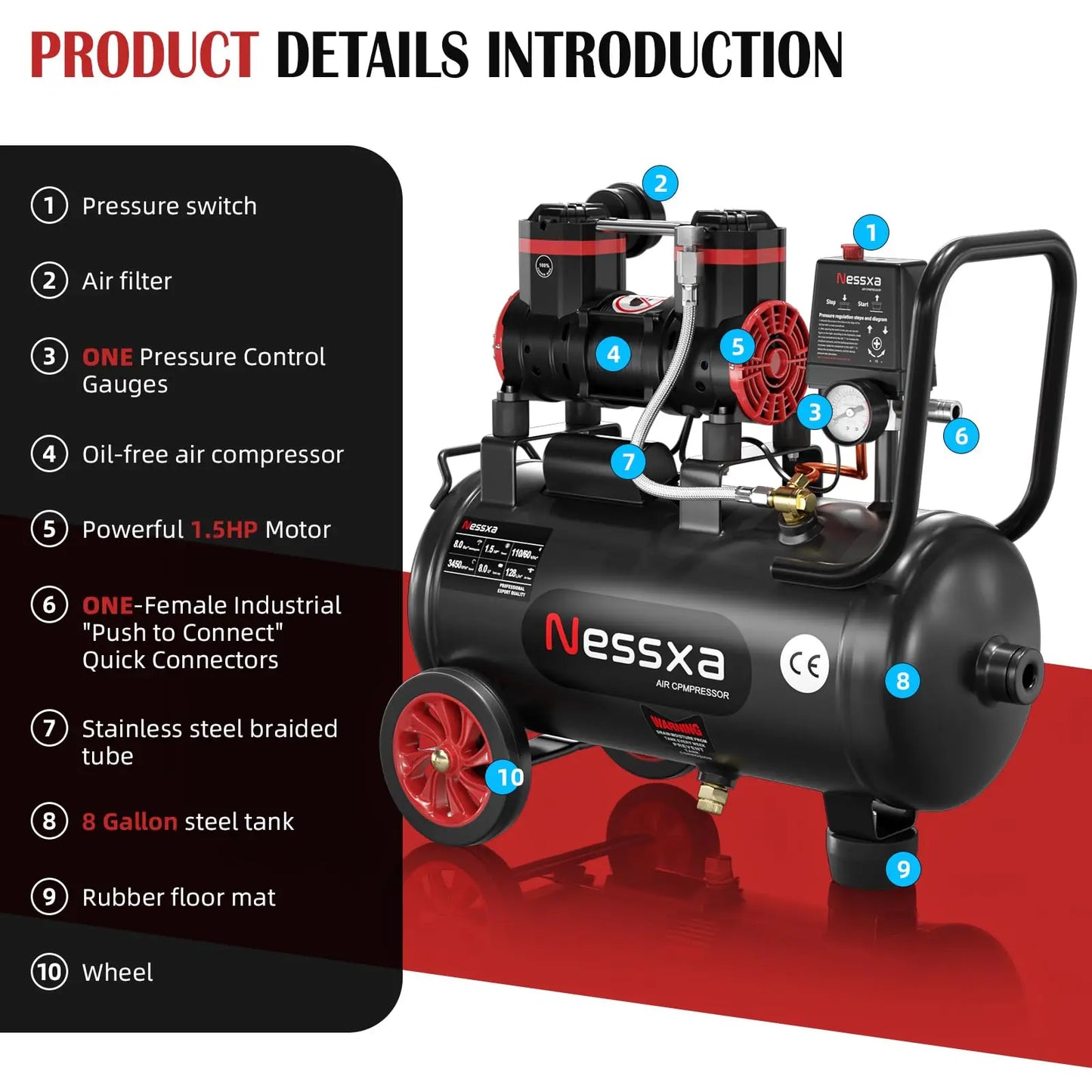 8 Gallon Air Compressor, 1.5HP , 110V/60hz