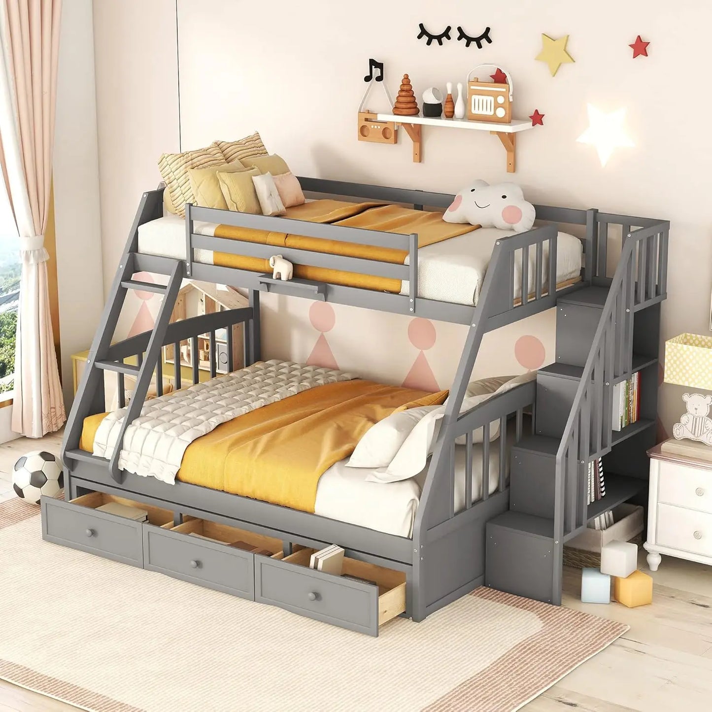 Solid Wood Twin Over Full  Bunk Beds with Stairs