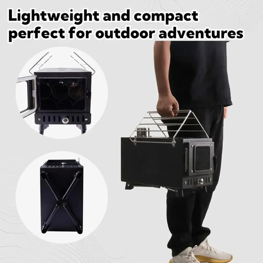 Portable Folding Wood Burning Camping Stove - Includes Chimney Pipes and Spark Arrestor