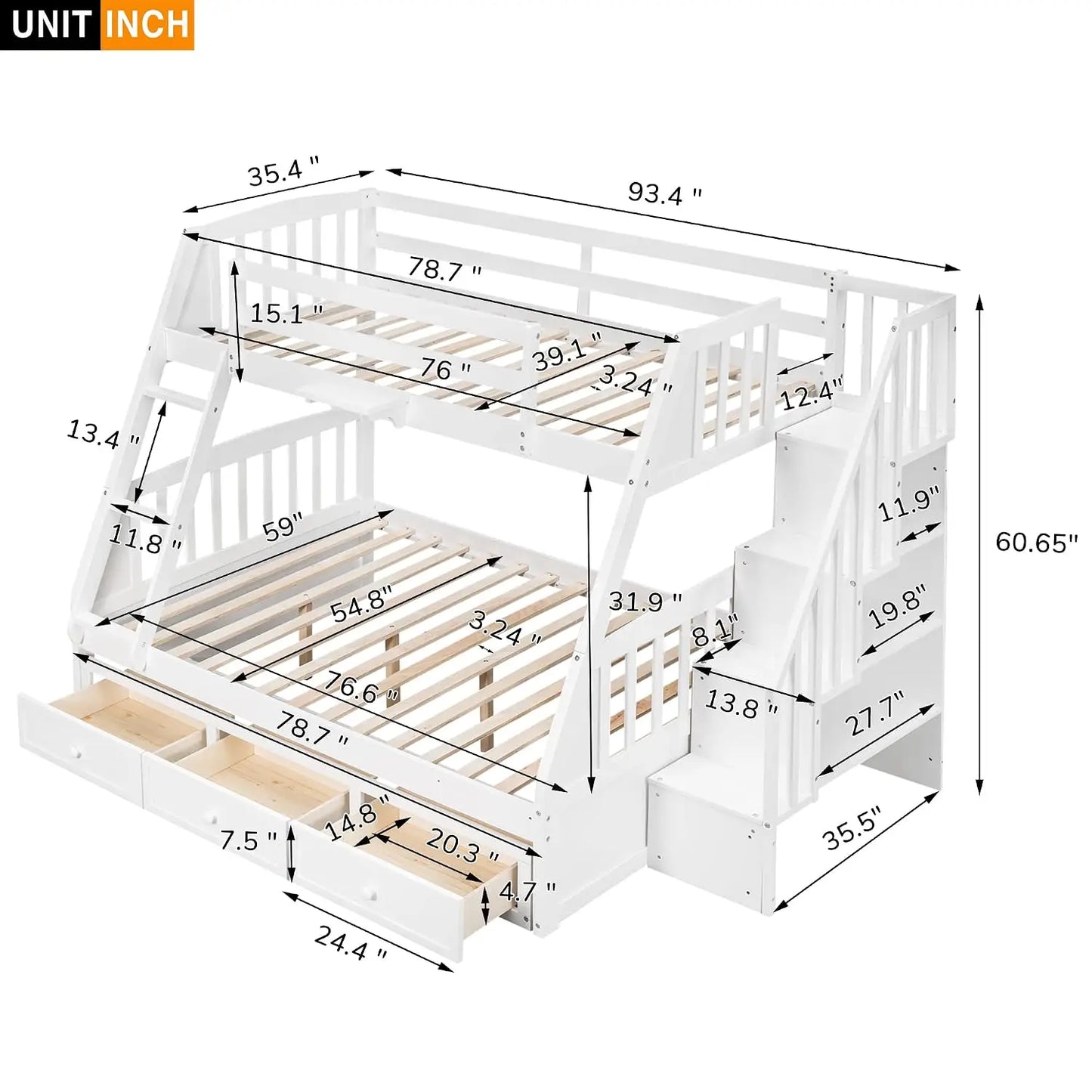 Solid Wood Twin Over Full  Bunk Beds with Stairs
