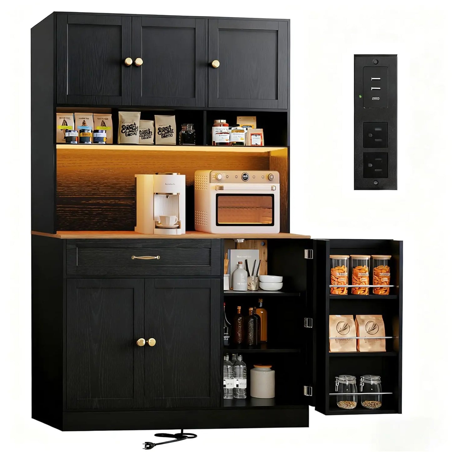 72" Kitchen Pantry Cabinet with LED Light and Charging Station
