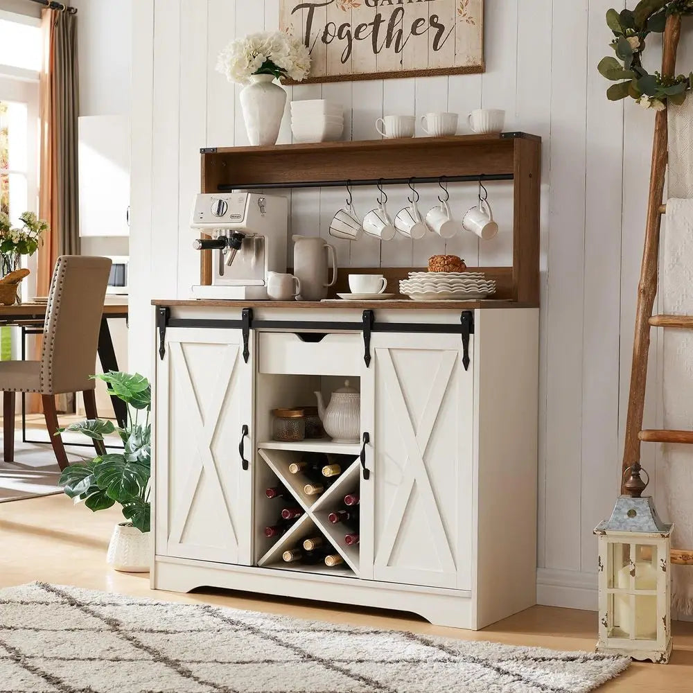 Farmhouse Coffee Bar Cabinet with Charging Station and USB Ports