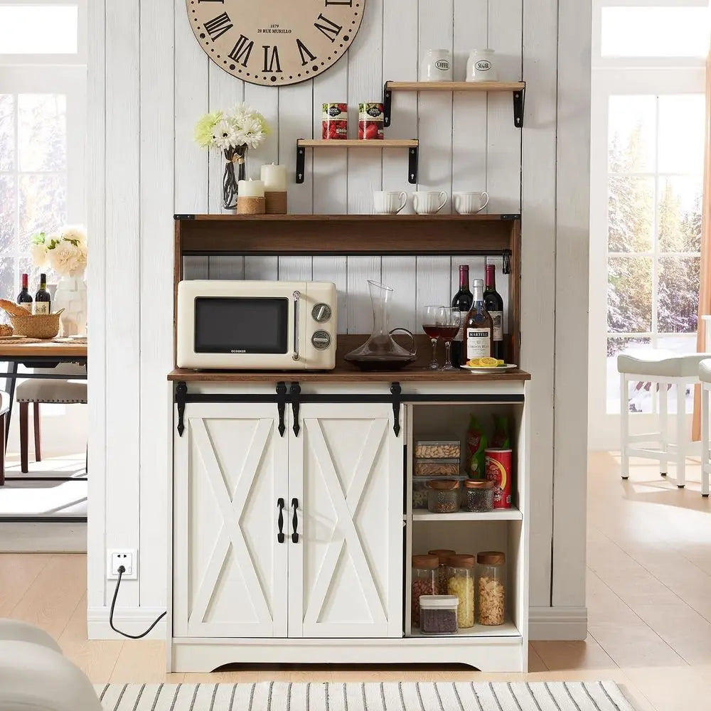 Farmhouse Coffee Bar Cabinet with Charging Station and USB Ports