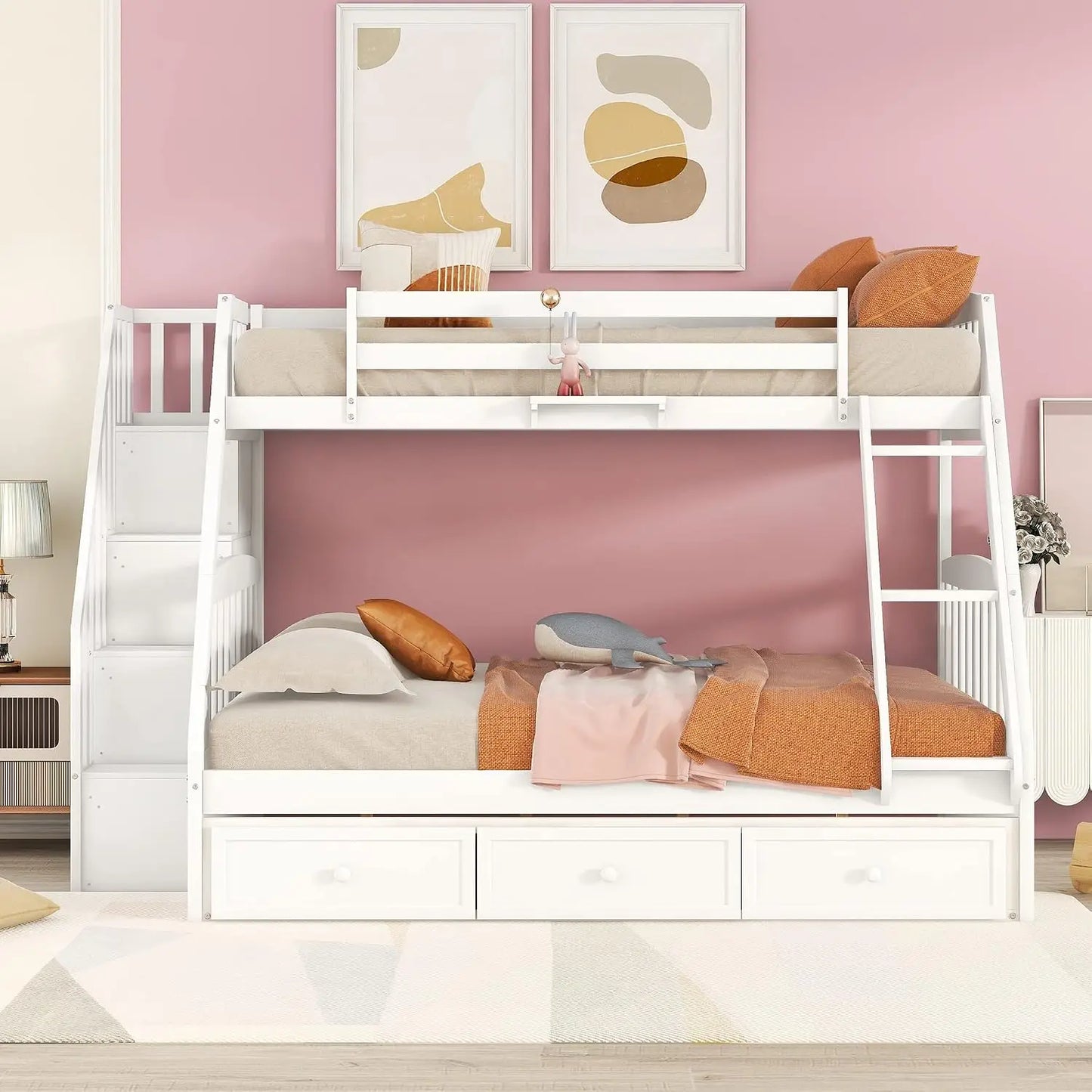 Solid Wood Twin Over Full  Bunk Beds with Stairs
