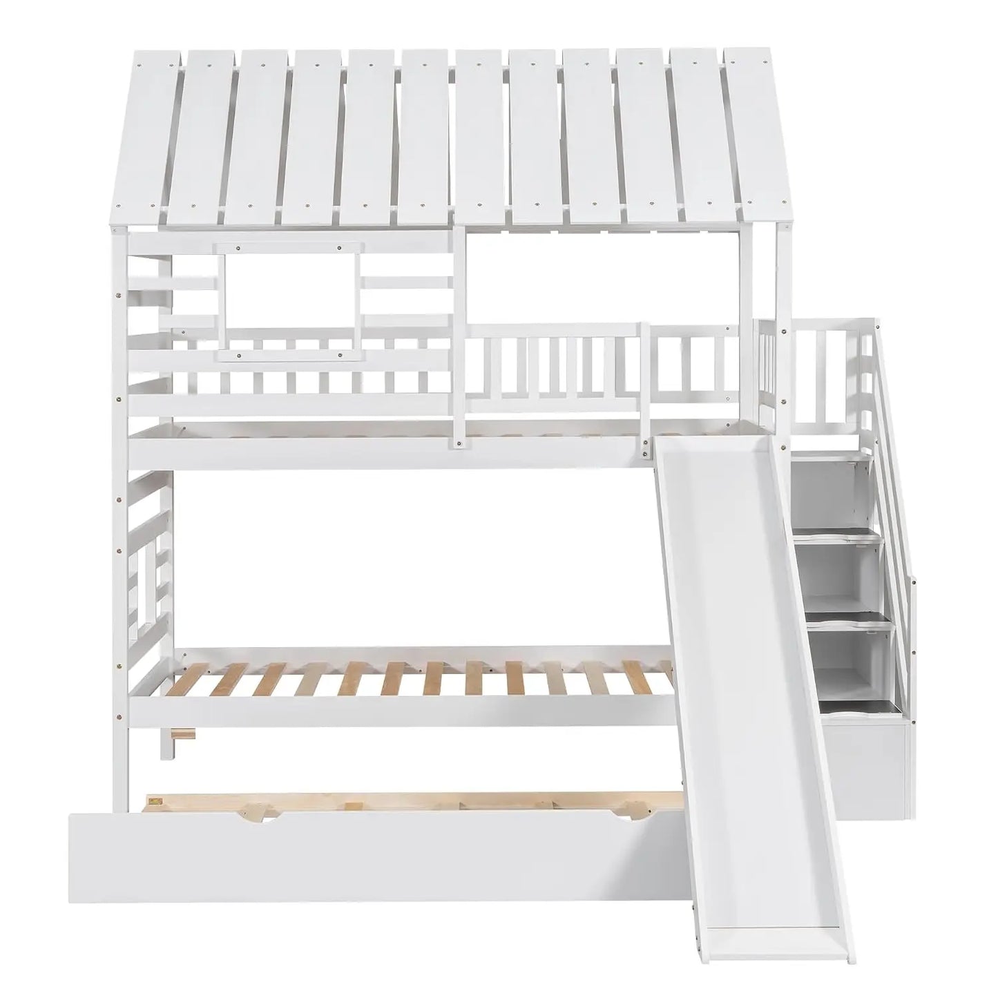 Twin Over Twin House Bunk Bed with Slide & Trundle & Stairs