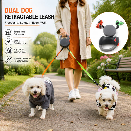 Self-Retracting Pet Leash with Dual Heads