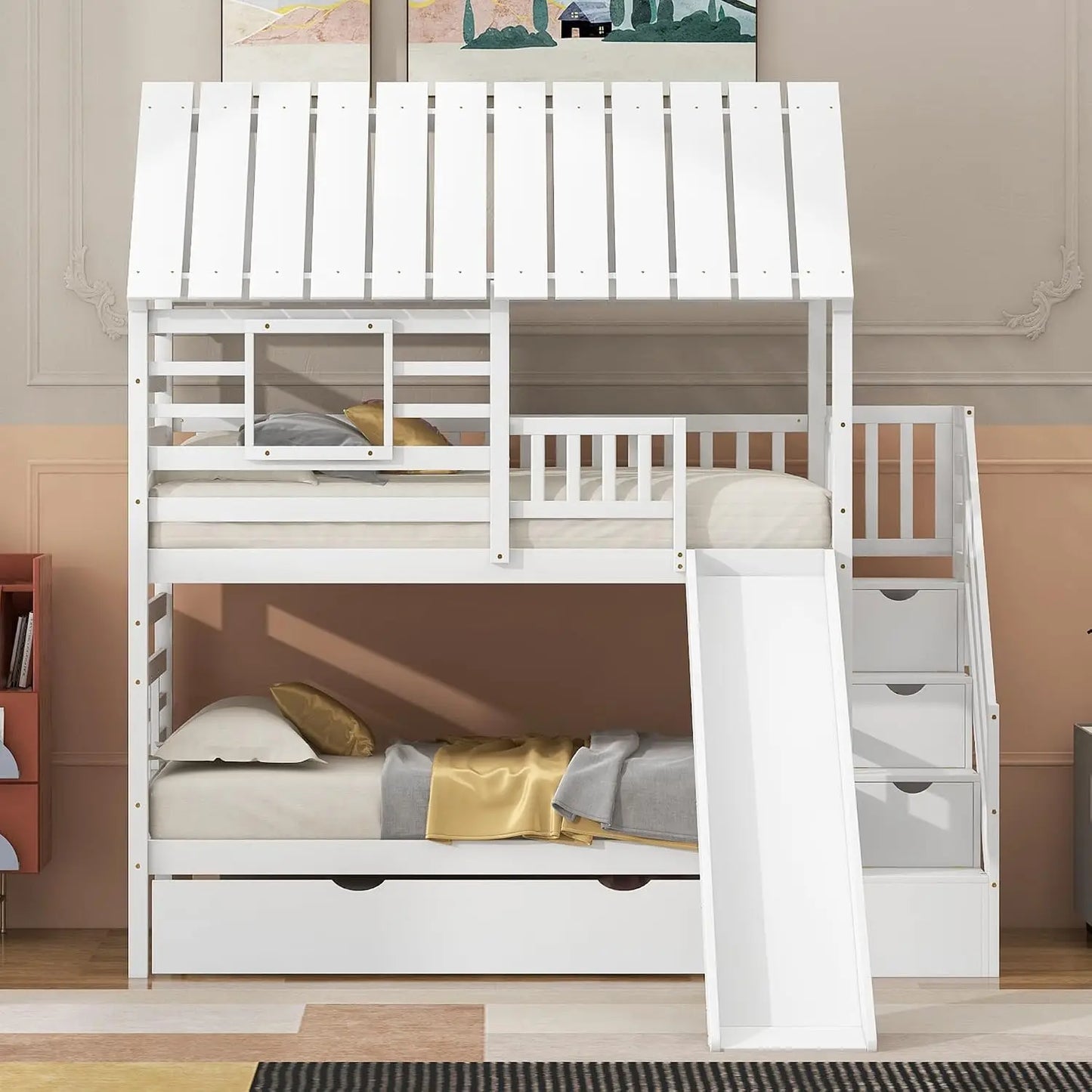 Twin Over Twin House Bunk Bed with Slide & Trundle & Stairs