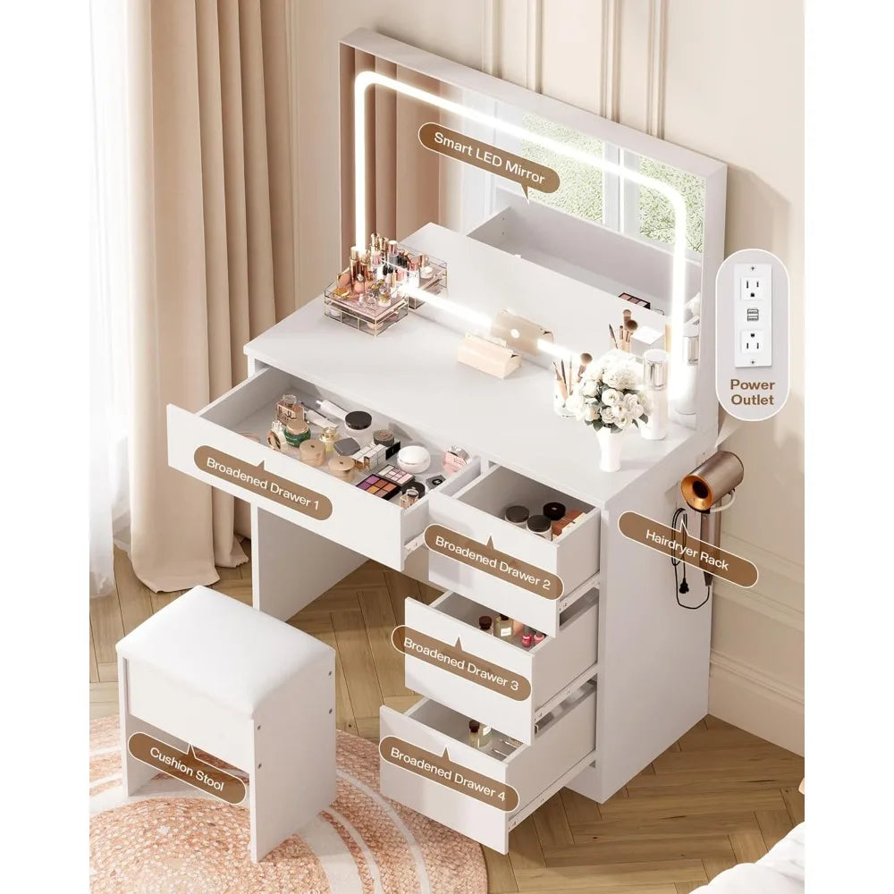Makeup Vanity Desk with Charging Station & LED Mirror