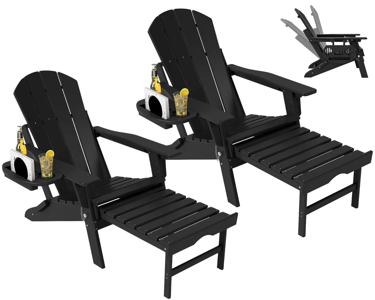 Set of 2 Folding Adirondack Chair with Retractable Ottoman