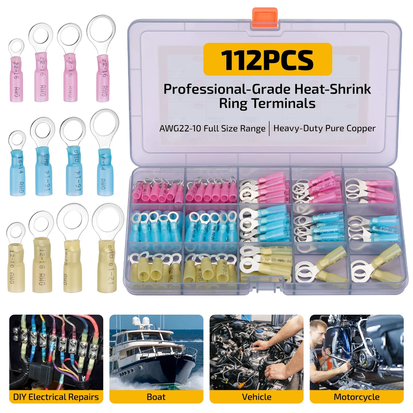 112pcs Heat Shrink Ring Terminals Electrical
