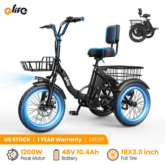 Folding Electric Trike, 1200W  48V 10.4AH Removable Battery