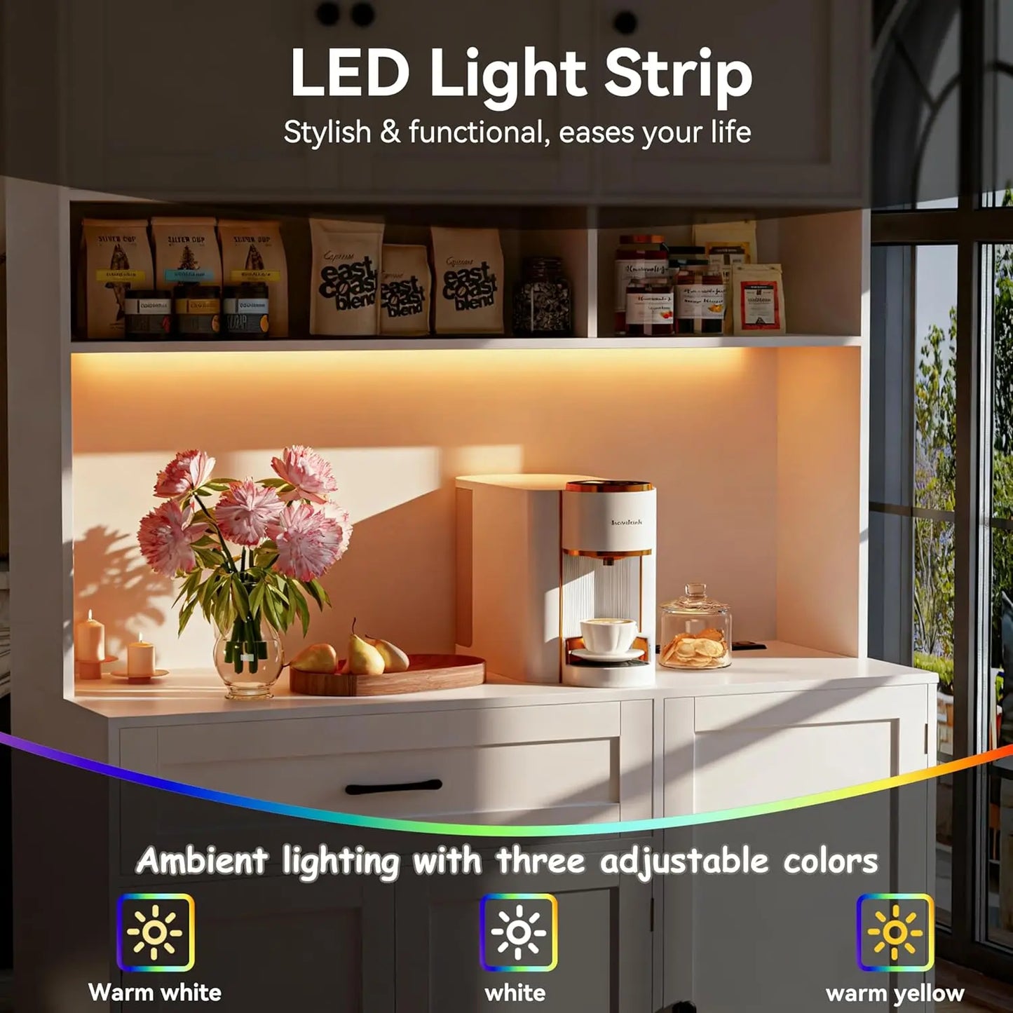 72" Kitchen Pantry Cabinet with LED Light and Charging Station