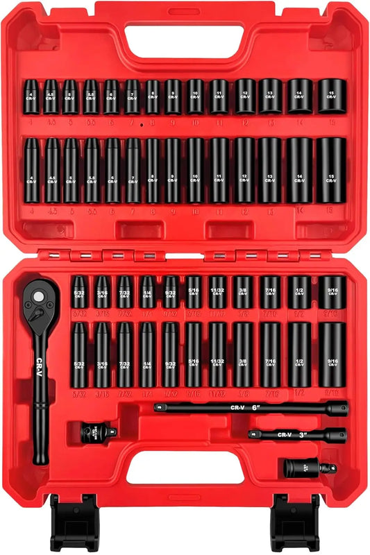 55-Piece 1/4" Drive Impact Socket Set, SAE/Metric