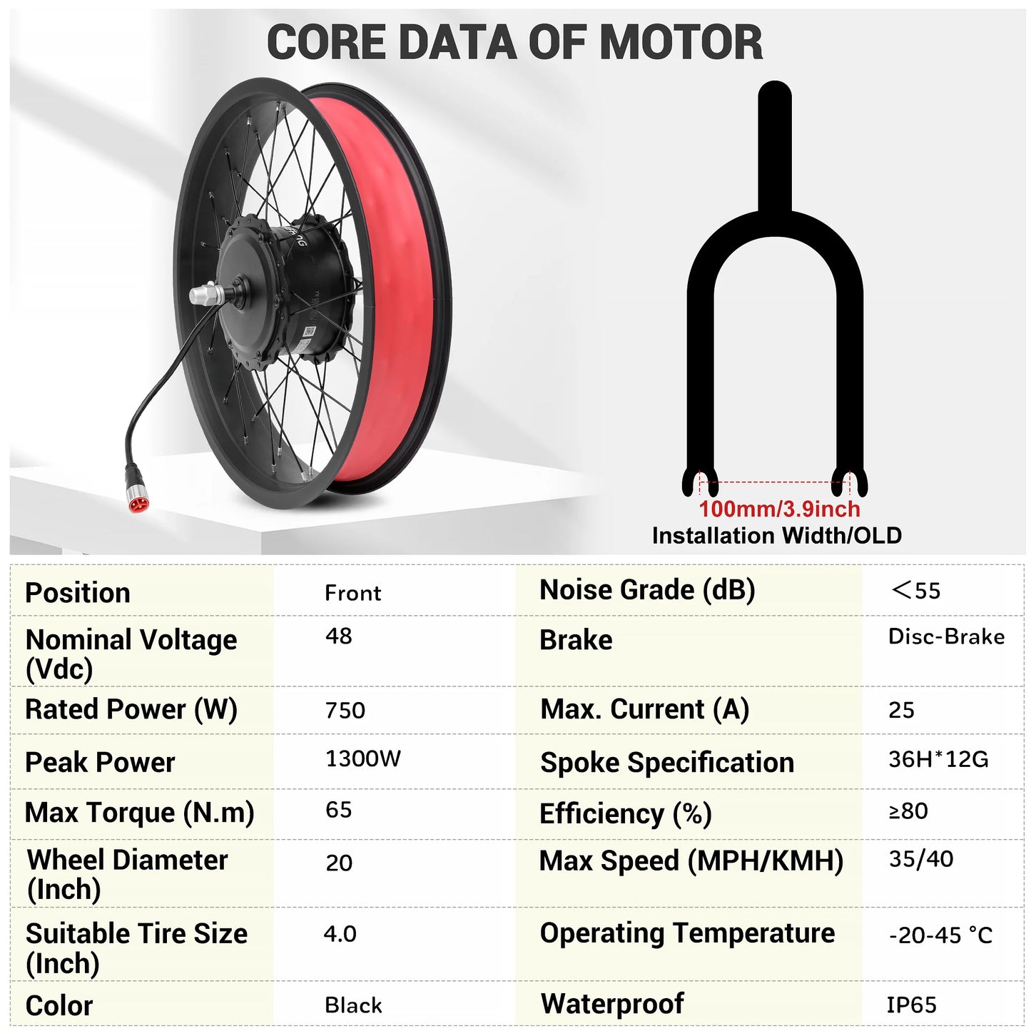 750W Front Wheel Kit, compatible with 20*4.0 size