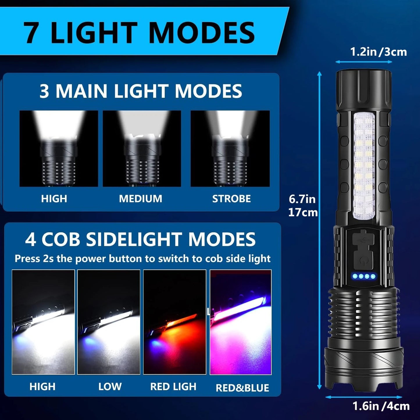 Rechargeable, Super Bright Flashlight, 7 Modes