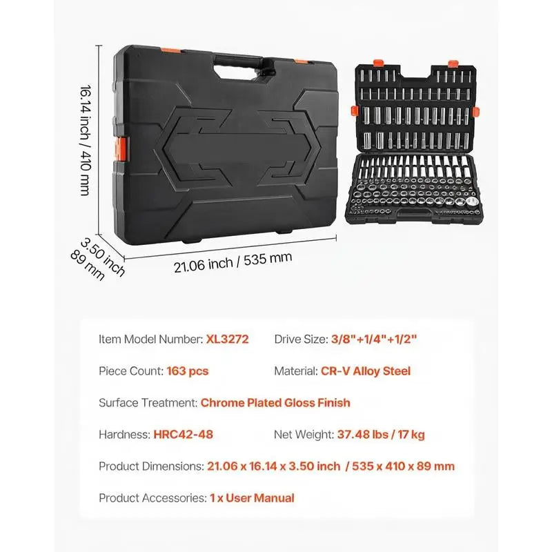 3/8 & 1/4 & 1/2 inch Drive Socket Tool Set, SAE and Metric