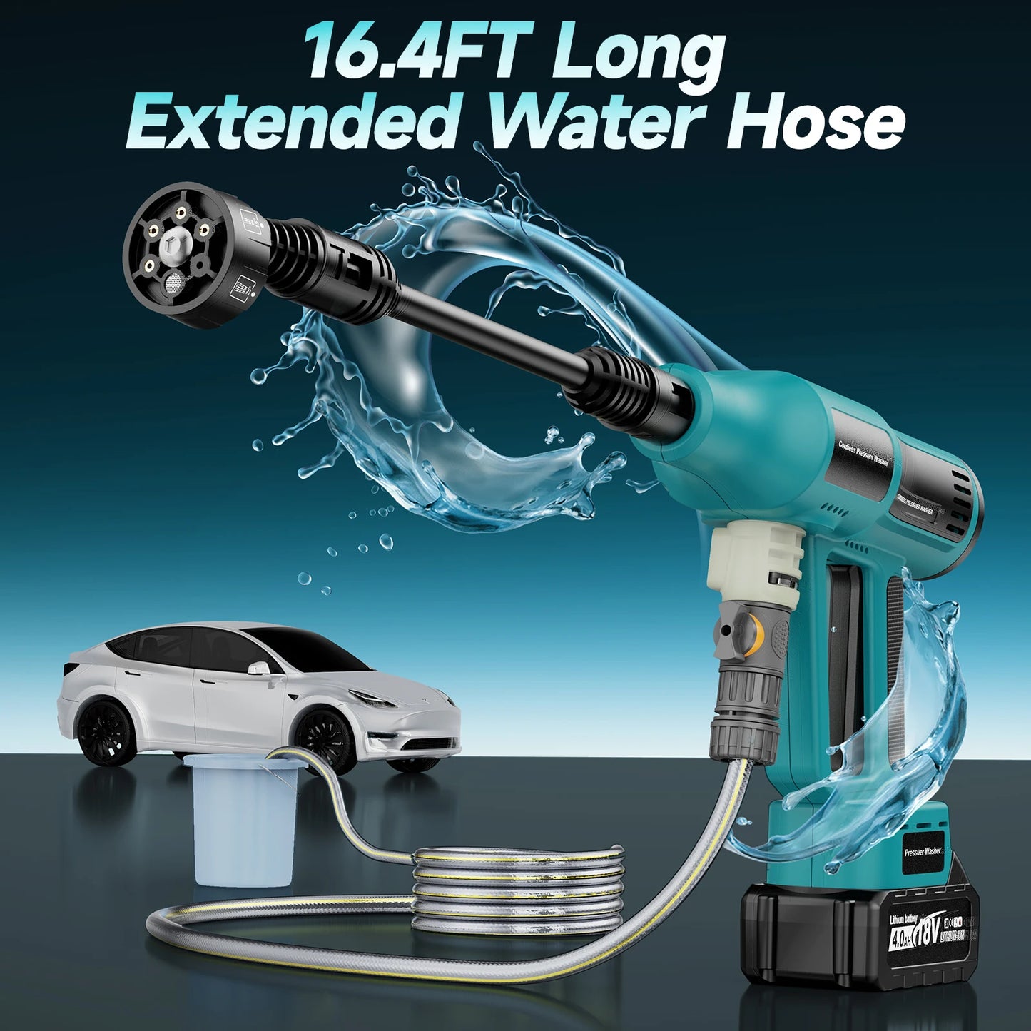 Cordless Pressure Washer with 4.0Ah Battery & Charger for Car