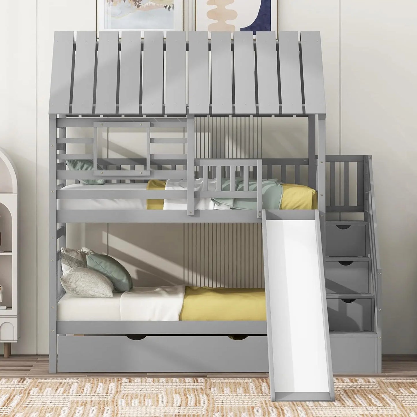 Twin Over Twin House Bunk Bed with Slide & Trundle & Stairs