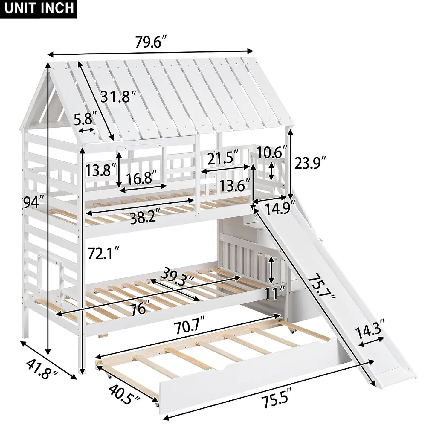 Twin Over Twin House Bunk Bed with Slide & Trundle & Stairs