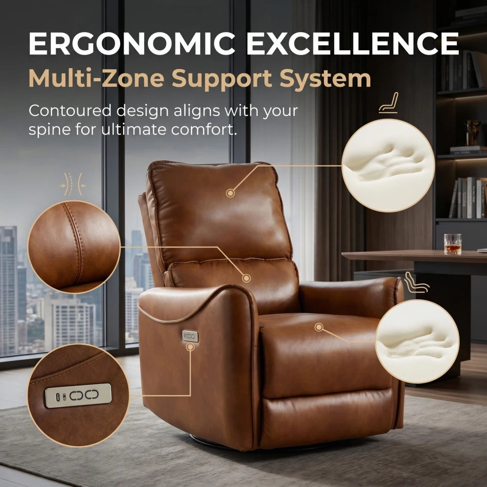 Brown Air Leather Power Recliner Chair with Rocker & 360° Swivel Function