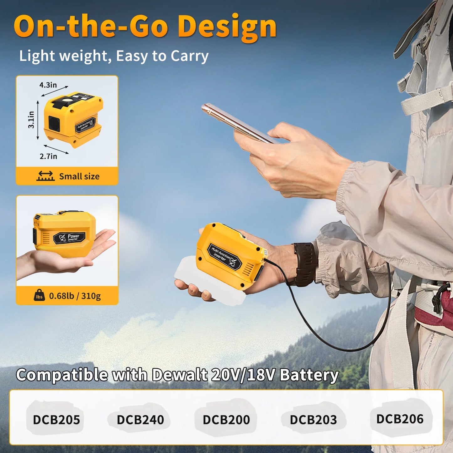 200W Portable Power Inverter Compatible with Dewalt20V Battery