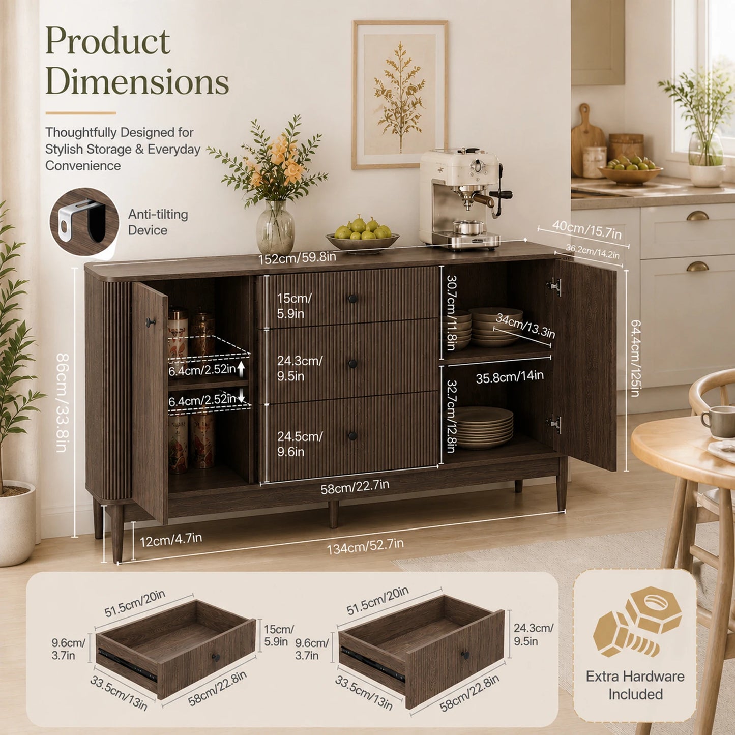 Fluted Buffet Sideboard Cabinet 70 Inch