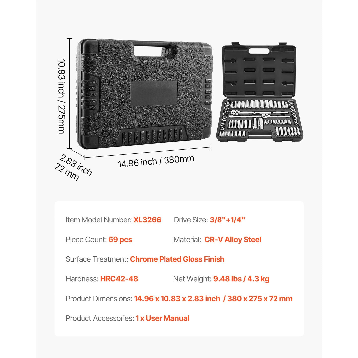 3/8 1/4 1/2in Drive Socket and Ratchet Set SAE Metric
