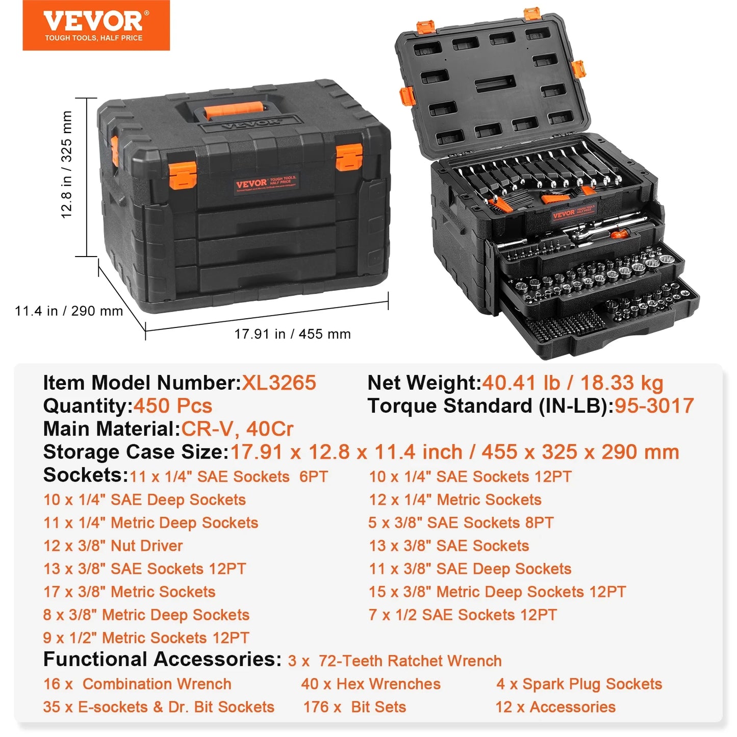 Mechanics Tool Set and Socket Set 1/4" 3/8" 1/2" Drive