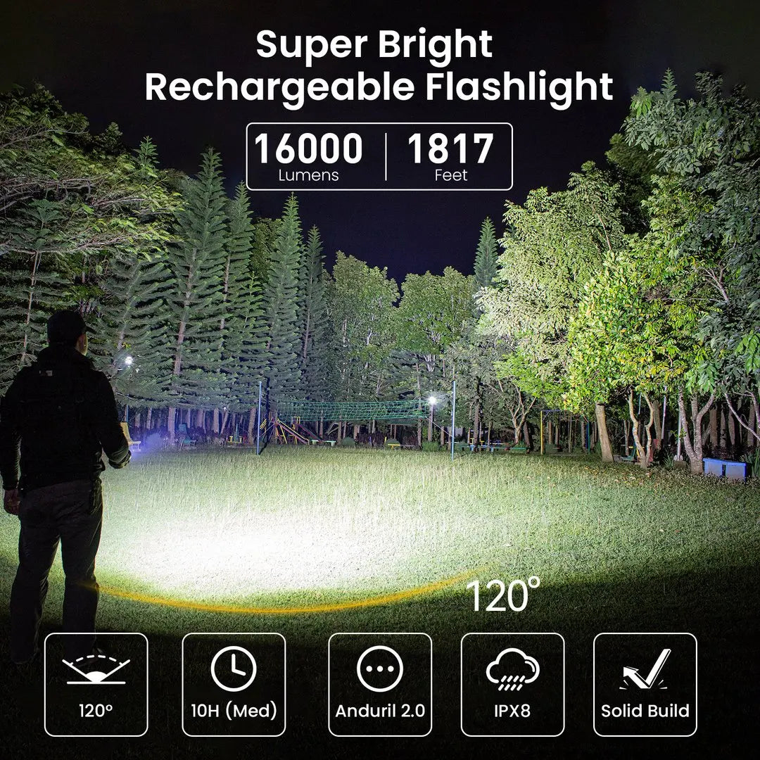 Super Powerful LED Flashlight 16000lm USB C Rechargeable