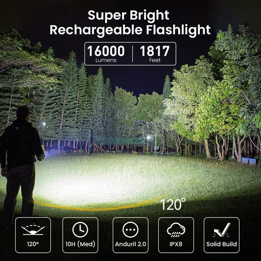 Super Powerful LED Flashlight 16000lm USB C Rechargeable