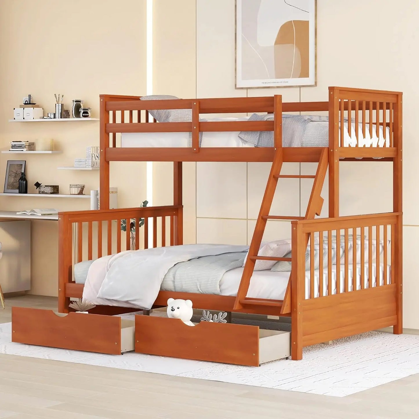 Twin Over Full Bunk Bed with Drawers and Ladder