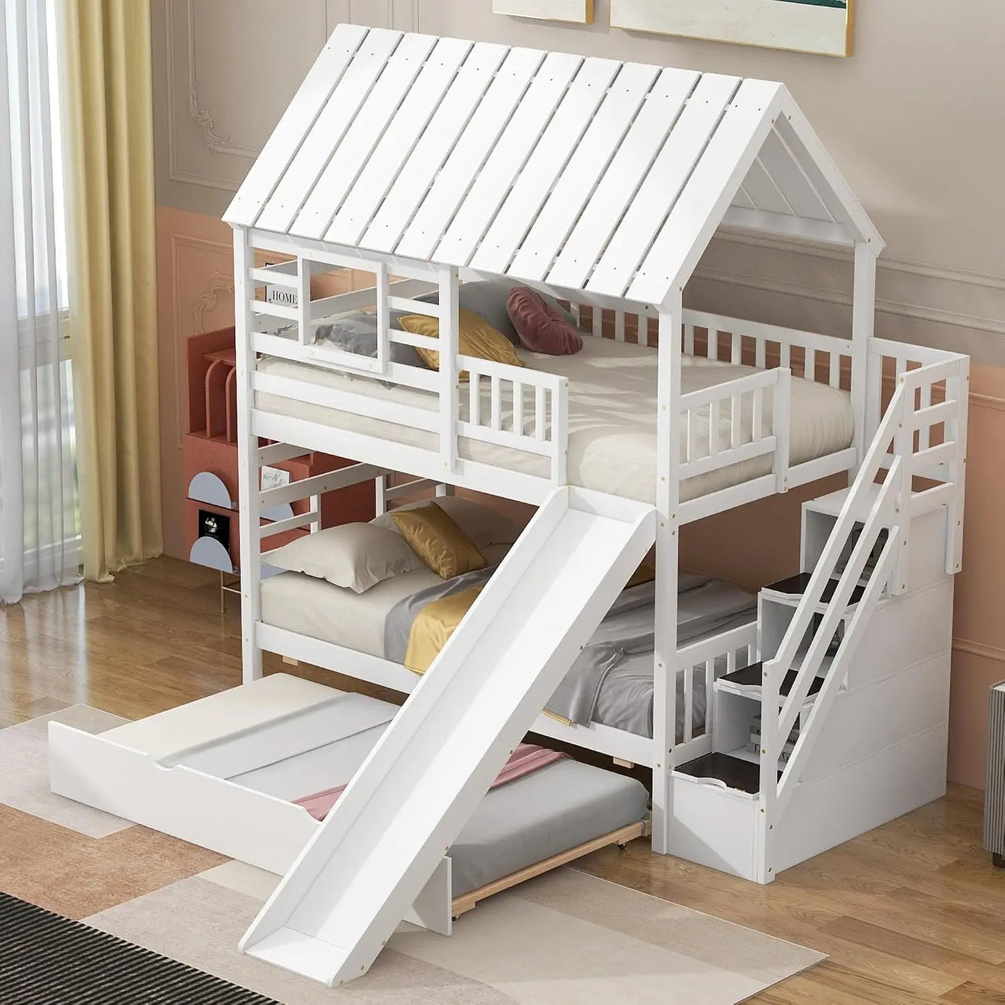 Twin Over Twin House Bunk Bed with Slide & Trundle & Stairs
