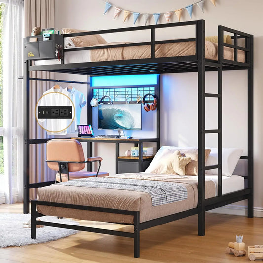 Bunk Bed Twin Over Twin Size with Desk and Charging Station